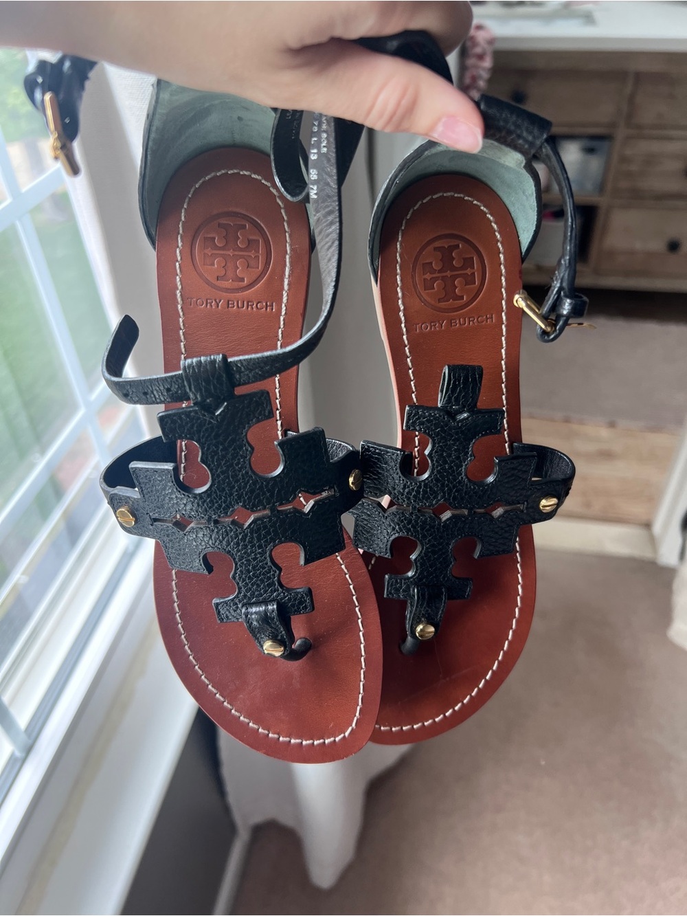 Tory Burch Phoebe Black Leather Logo Sandals